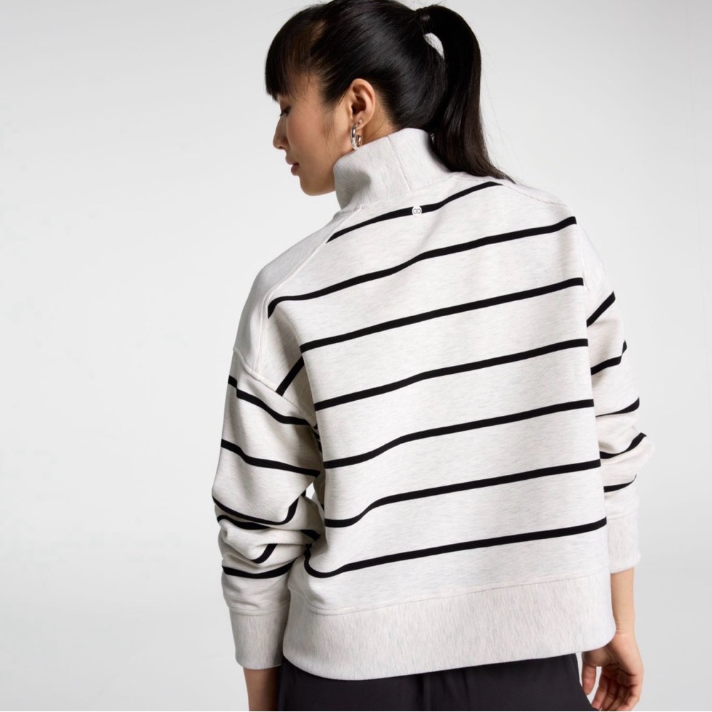 (NWT) CALIA Soft Scuba Ottoman Mock Neck 1/4 Zip in Cloud Cover Heather Stripe - Picture 5 of 16